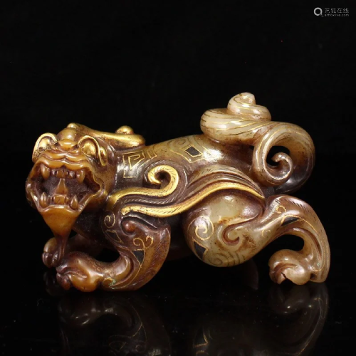 Superb Chinese Han Dynasty Gilt Gold Hetian Jade Fortune Uni...