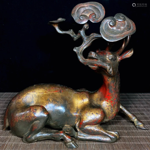 Vintage Chinese Red Copper Lucky Deer Statue