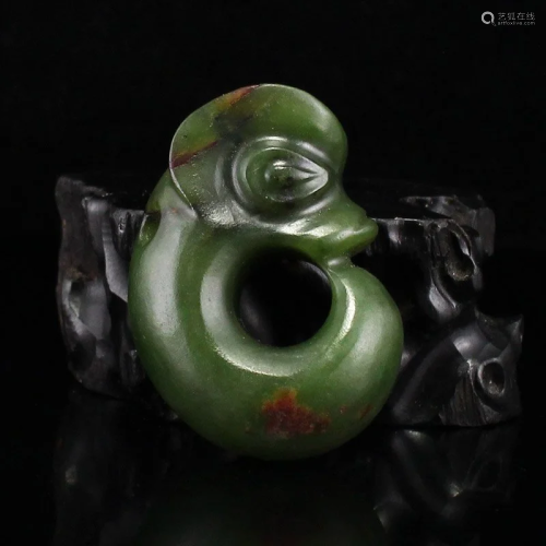 Vintage Chinese Green Hetian Jade Dragon Pendant