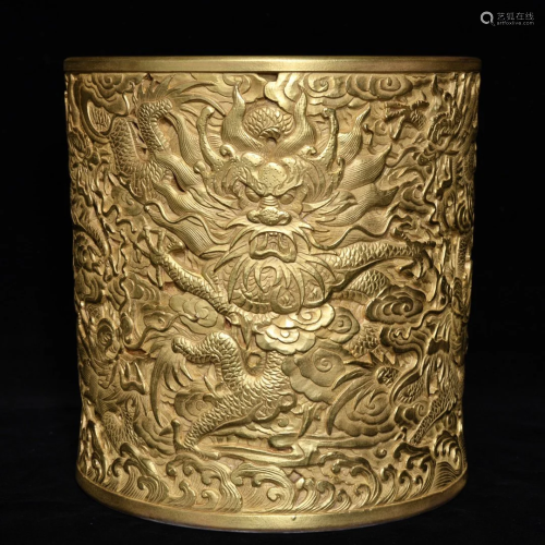 Superb Chinese Gilt Gold Dragon Design Porcelain Brush Pot