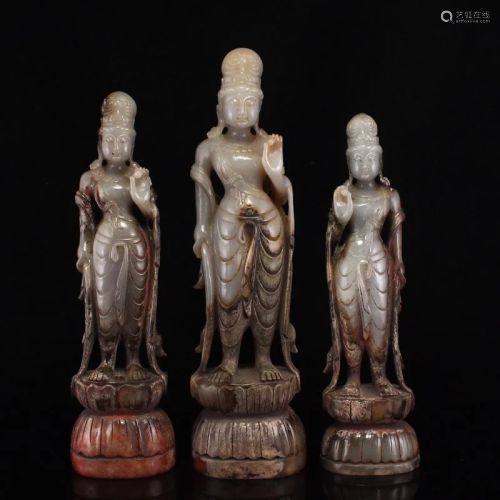 Superb Vintage Hetian Jade Buddhism Three Bodhisattva Statue