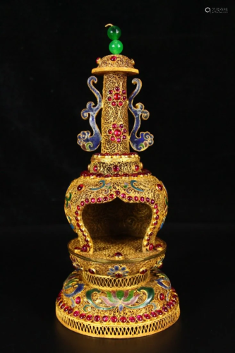 Superb Chinese Gold Wire Enamel Inlay Gem Pagoda