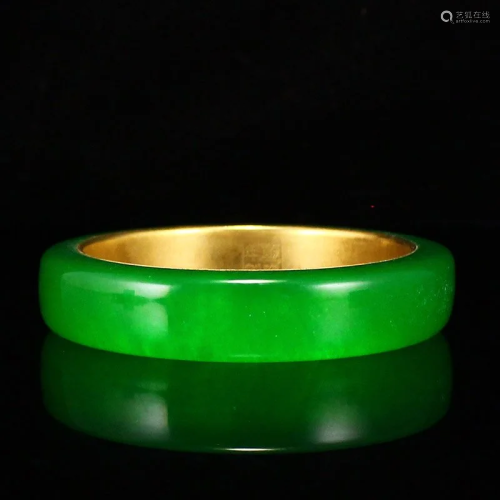 Chinese Gilt Gold Green Jade Bracelet w Qianlong Mark