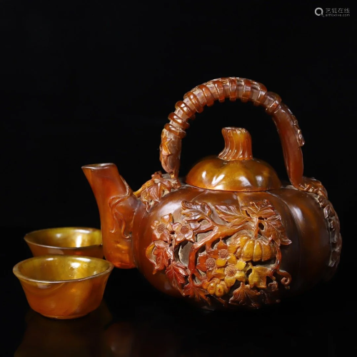 Vintage Ox Horn Carved Pumpkin Shape Teapot & Cups w Xua...