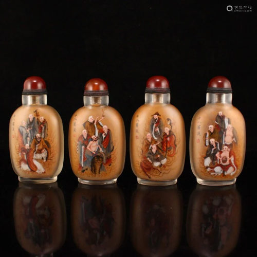 Four Peking Glass Inside Painting Buddhism Arhat Snuff Bottl...