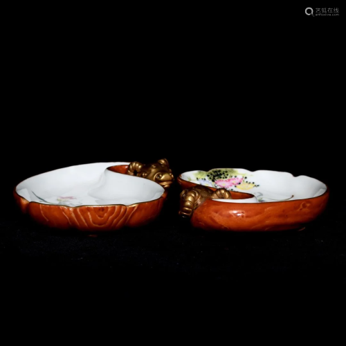 Pair Chinese Gilt Gold Famille Rose Sheep Head Porcelain Ink...