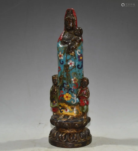 Vintage Red Copper Cloisonne Kwan-yin & Kid Statue