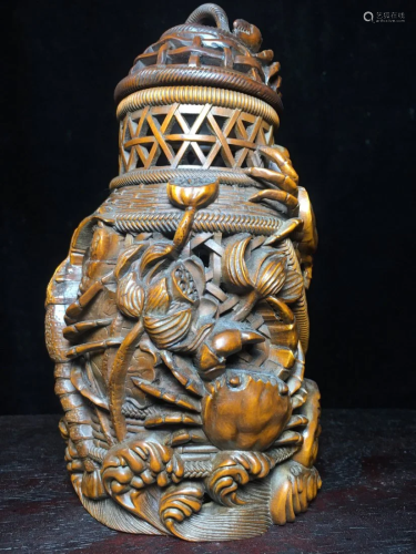 Openwork Chinese Boxwood Wood Carved Lotus Flower & Crab...