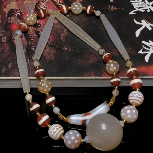 Vintage Buddhism Sky Eye DZI Agate Pendant w Agate Beads Nec...