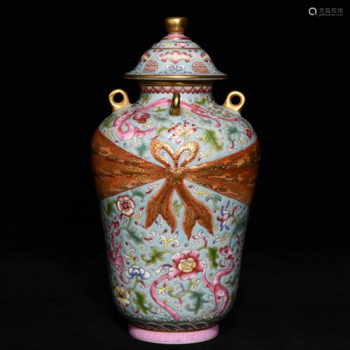 Superb Chinese Gilt Edge Famille Rose Porcelain Pot w Lid