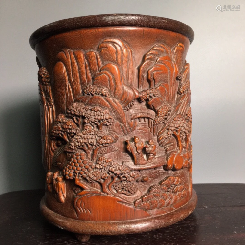 Vintage Chinese Bamboo Low Relief Pine Tree Figure Brush Pot