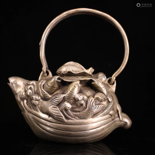 Vintage Chinese White Copper Fortune Fish Handle Teapot