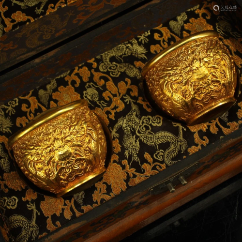 A Pair Chinese Gilt Gold Red Copper Pots w Lacquerware Box