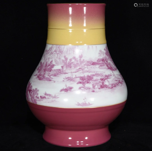 Rouge Red Glaze Enamel Mountain River Scene Design Porcelain...