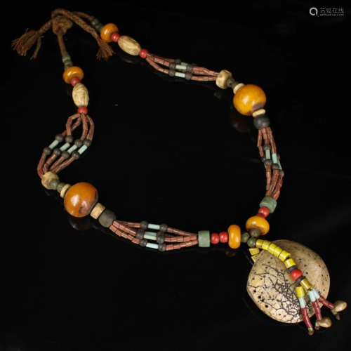 Vintage Tibetan Amber & Gem & Shell Beads Necklace