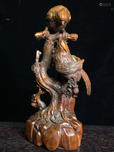 Chinese Boxwood Wood Carved Magpie & Plum Flower Statue