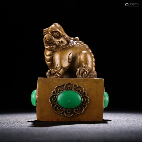 Vintage Chinese Brass Inlay Green Jade Fortune Pixiu Seal