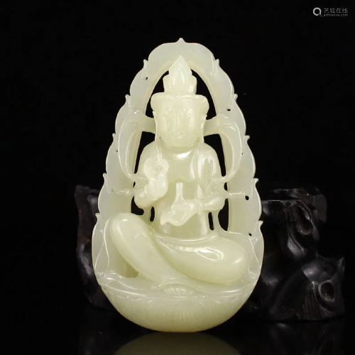 Openwork Chinese White Hetian Jade Kwan-yin Pendant