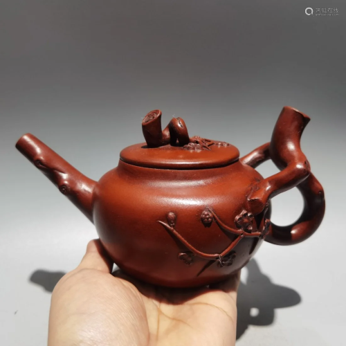 Yixing Zisha Clay Plum Flower Teapot w Artist Signed
