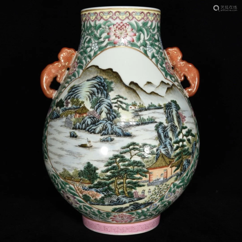 Chinese Gilt Edge Famille Rose Mountain Village Scene Porcel...