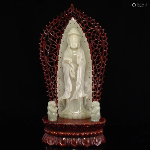 Qing Dy Hetian Jade Ruyi Kwan-yin & Kid Statue w Zitan W...