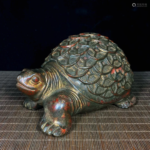 Vintage Chinese Red Copper Fortune Turtle Statue