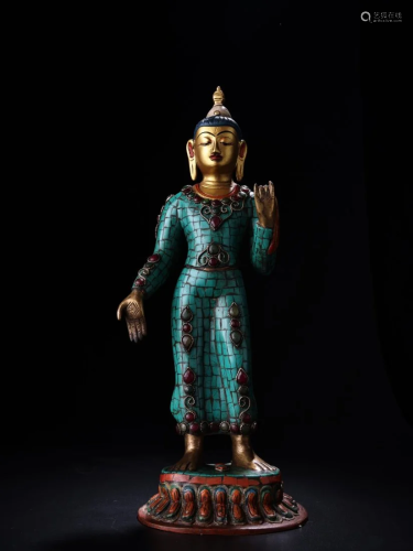 Vintage Buddhism Red Copper Inlay Turquoise & Gem Tara B...