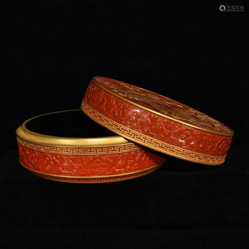 Gilt Gold Coral Red Glaze Low Relief Clouds Dragon Design Po...