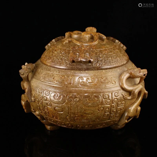 Superb Vintage Chinese Hetian Jade Chi Dragon Pot w Lid