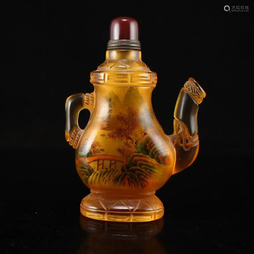 Peking Glass Inside Painting Snuff Bottle w Red Agate Stoppe...