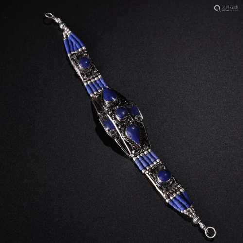 Chinese Silver Inlay Lapis Lazuli Bracelet