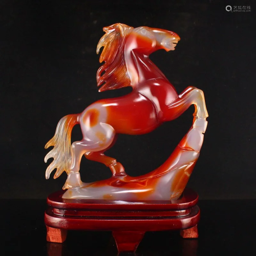 Chinese Red Agate Fortune Horse Statue w Certificate