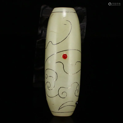 Chinese Hetian Jade Inlay Silver Wire & Gems Lucky Penda...