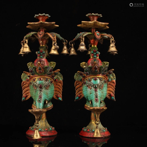 A Pair Tibetan Buddhism Red Copper Inlay Gems Elephant Head ...