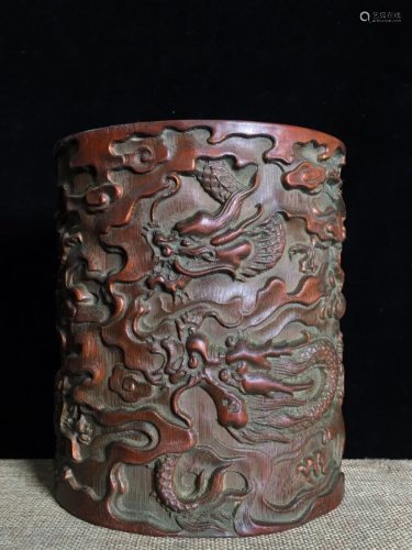 Vintage Chinese Bamboo Low Relief Dragon Design Brush Pot