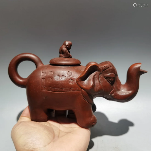 Chinese Yixing Zisha Clay Elephant Shape Teapot w Artist Sig...