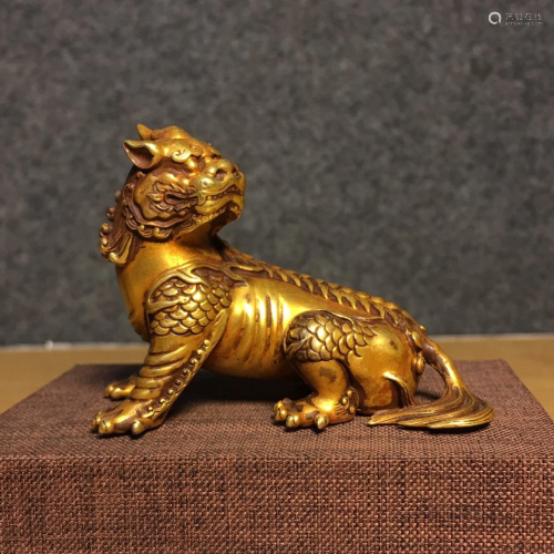 Vintage Chinese Gilt Gold Red Copper Fortune Beast Statue