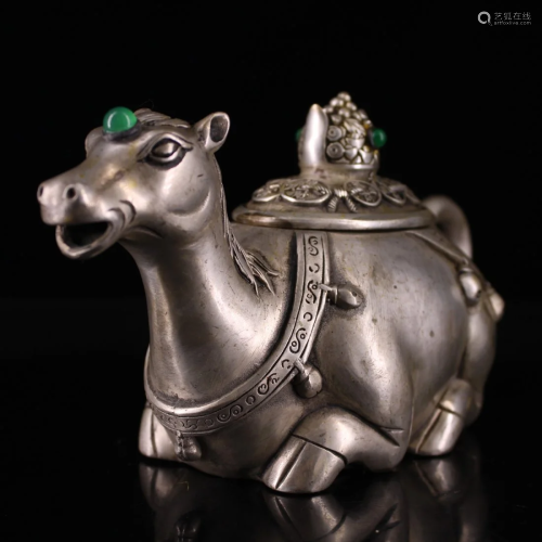 Vintage Chinese White Copper Inlay Green Jade Horse Shape Te...