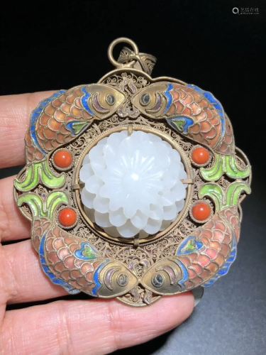 Chinese Gold Wire Enamel Inlay Hetian Jade & Gem Peony w...