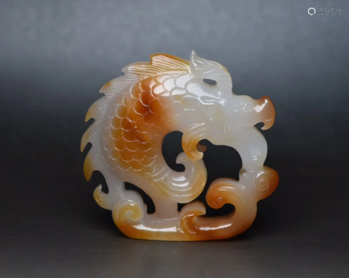 Hollow Out Chinese Hetian Jade Dragon Fish Pendant
