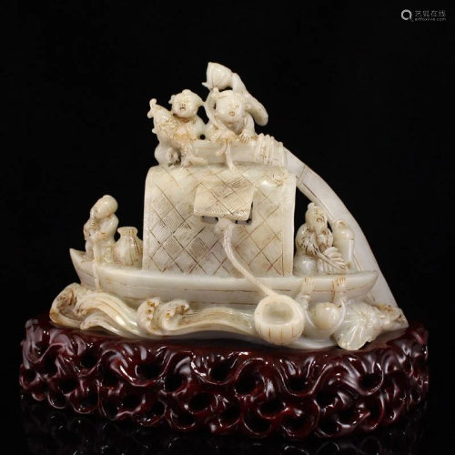 Chinese Qing Dy Hetian Jade Figure & Boat Statue
