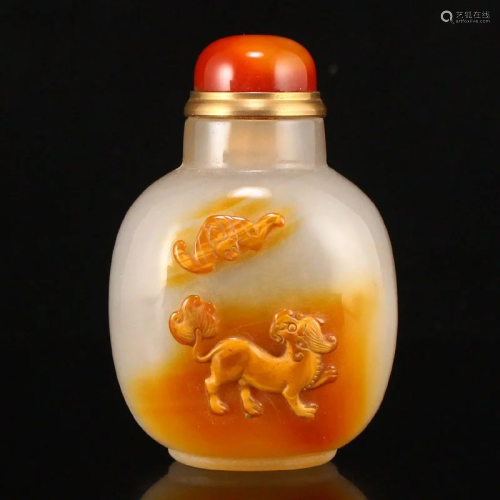 Chinese Agate Low Relief Fortune Bat & Beast Design Snuf...