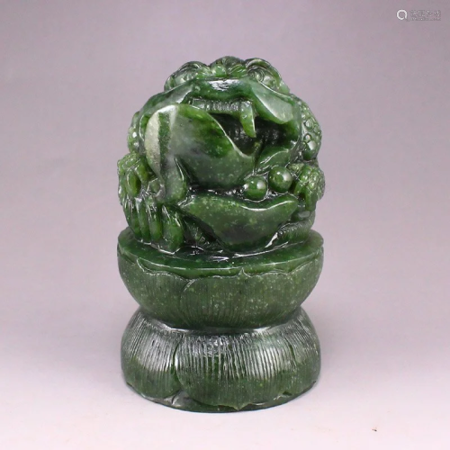 Chinese Green Hetian Jade Fortune Toad Statue w Certificate