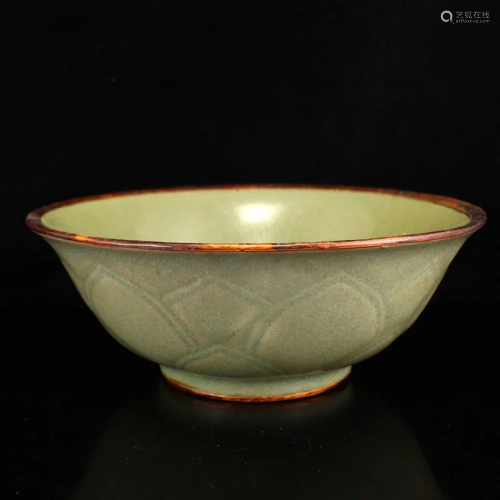 Chinese Inlaying Bronze Edge Ru Kiln Porcelain Bowl w Fortun...