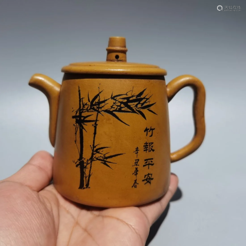 Chinese Yixing Zisha Clay Bamboo Design Teapot w Artist Sign...