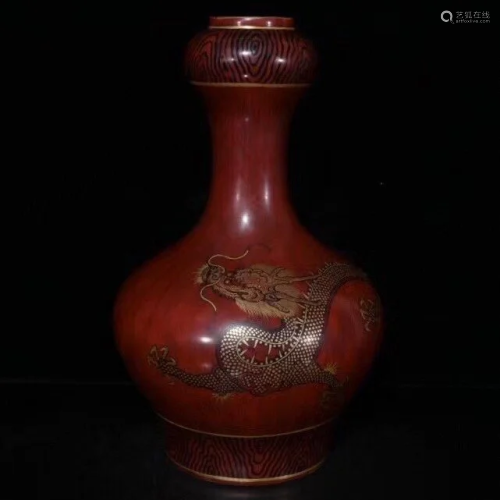 Chinese Gilt Edge Wood Grain Glaze Dragon Porcelain Vase w Q...