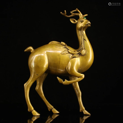 Vivid Chinese Brass Inlay Green Jade Deer Statue