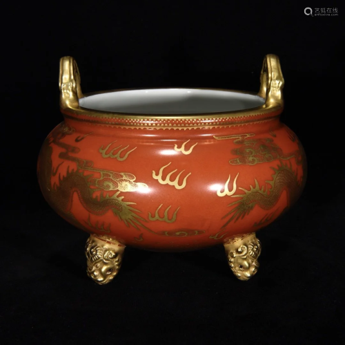 Superb Chinese Gilt Gold Iron Red Glaze Porcelain Incense Bu...