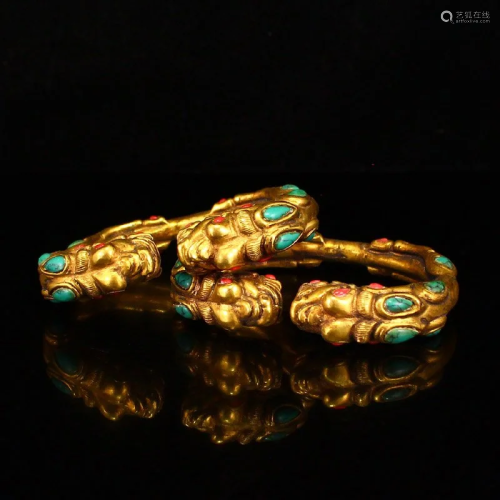 A Pair Beautiful Chinese Gilt Gold Red Copper Inlay Gem Drag...