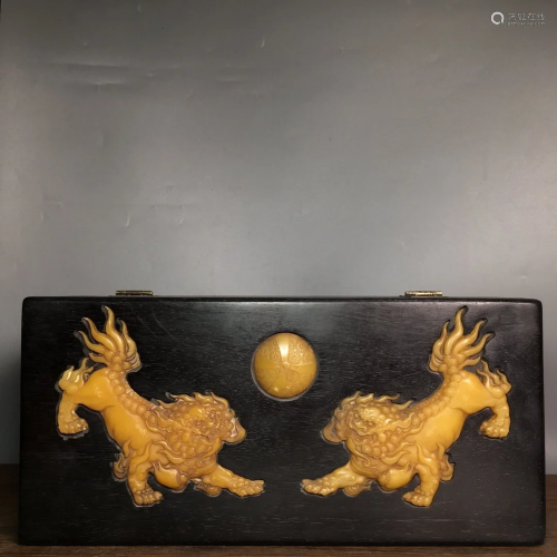 Chinese Zitan Wood Inlay Shoushan Stone Lucky Lion Box